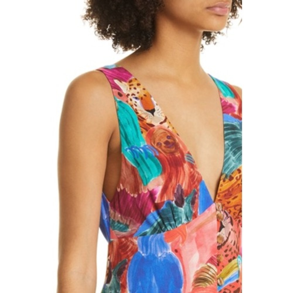 Farm Rio Jungle Animals Button Front Midi Dress Tropical Leopard Toucan Sloth - Picture 3 of 13